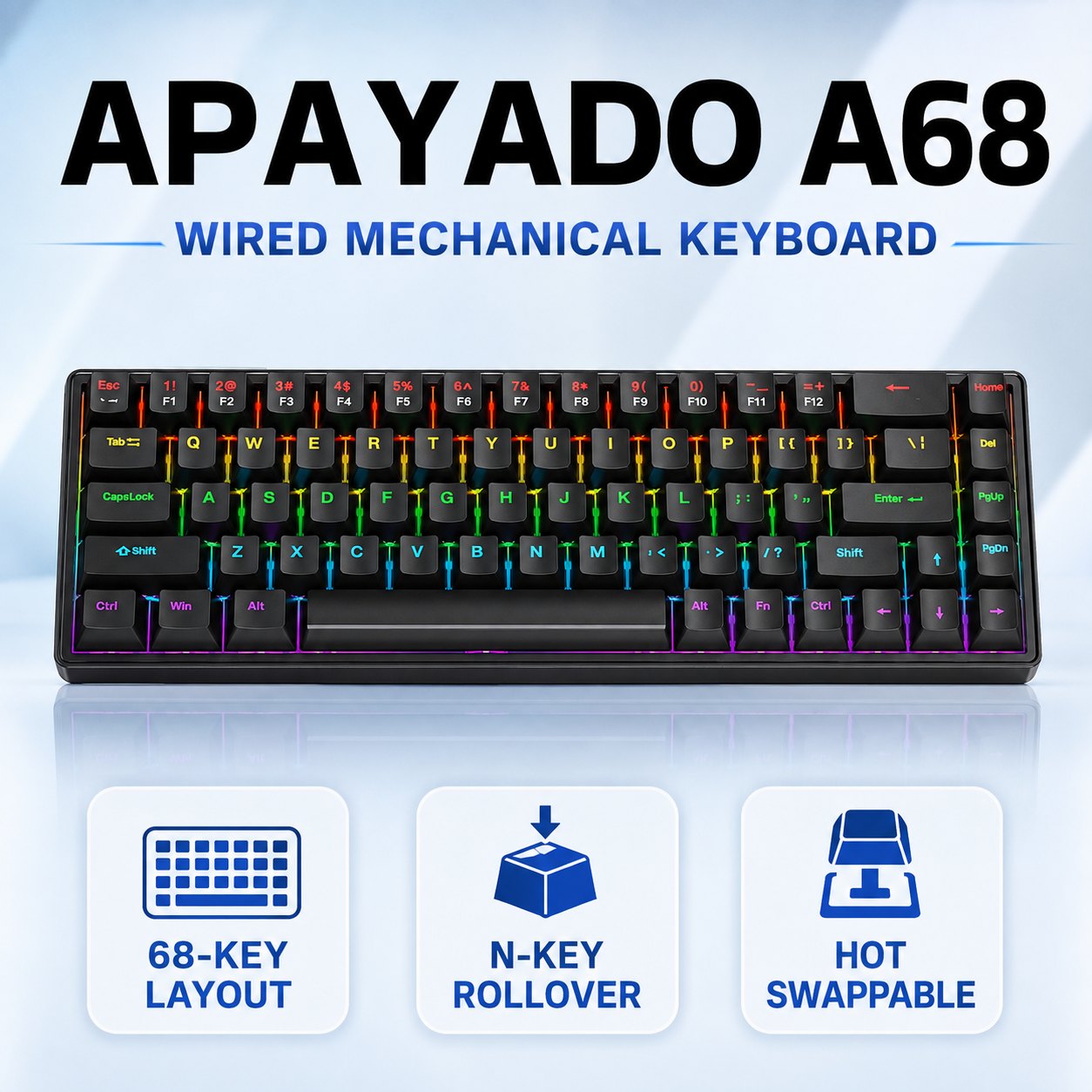 Gaming Keyboard Blue Switches - APAYADO A68 유선 기계식 키보드, 핫스왑